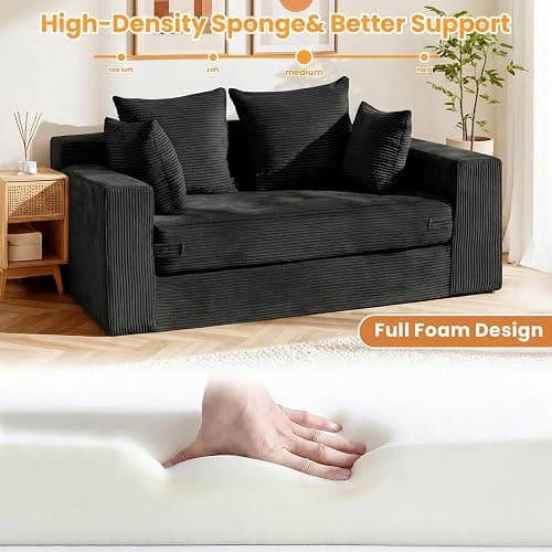 55" Small Boneless Couch, 3-in-1 Boneless Loveseat Sleeper Sofa Bed Convertible Sofa Bed with 4 Pillows, Black Corduroy Boneless Couch for Living Room, Guest Room, Small Space, No Assembly Required thumbnail 4