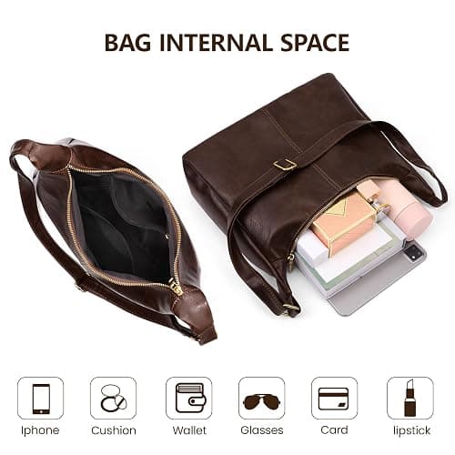 Slouchy Shoulder Bag for Women Leather Brown Purse Daily Hobo Bags Large Capacity Crossbody Bag Fall Handbags with Zipper thumbnail 5