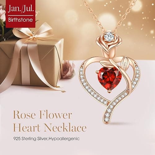 LOUISA SECRET Rose Flower Heart Birthstone Necklaces for Women, 925 Sterling Silver Fine Jewelry, Pendant Heart Necklaces Birthday Anniversary Christmas Gift for Women Wife Mom Girlfriend Lady thumbnail 4