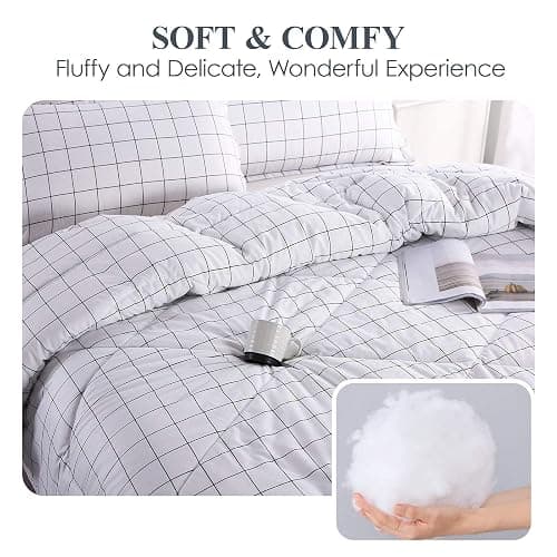 Andency White Grid Comforter Set Full Size (79x90 Inch), 3 Pieces(1 Grid Comforter and 2 Pillowcases), Summer Lightweight Microfiber Down Alternative White Comforter with Black Lines - White - Full (79*90 in) thumbnail 5