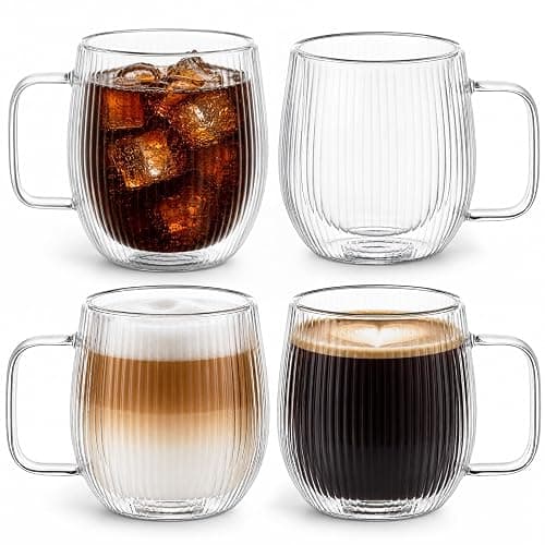 Set of 4 Double Walled Glass Mug Set, 350ml Double Walled Insulated Drinking Glass Coffee Mugs with Handle, Insulated Layer Coffee Cups, Clear Glass Mugs for Latte, Cappuccinos, Tea Bag, Juice - Image 1