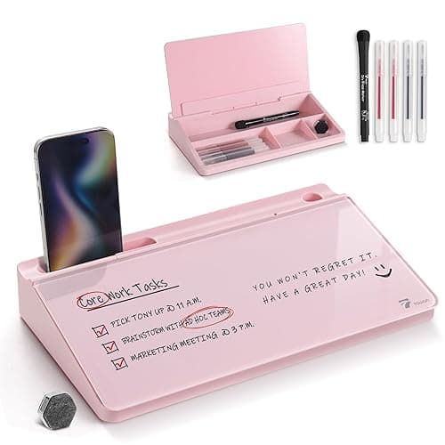 TOWON Small Compact Glass Desktop Whiteboard with Storage – 12 x 7 in Dry Erase Board for Desk, Home Office, School | Includes 5 Markers, Eraser & Holder | Space-Saving Organizer, Aesthetic Pink - Pink Compact