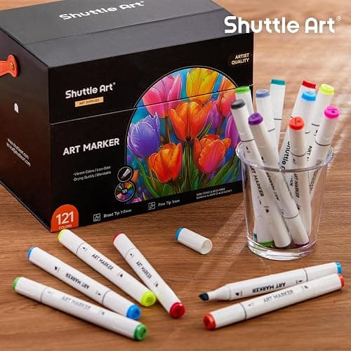 Shuttle Art 121 Colors Alcohol Markers, 120 Colors Dual Tip Art Marker Set Plus 1 Colorless Blender with Marker Case Perfect for Illustration Students Adult Coloring Sketching thumbnail 7