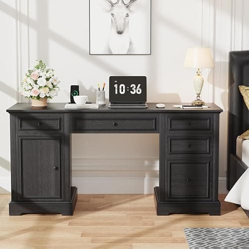Vipbear 60" Executive Desk, Farmhouse Computer Desk with Drawers and File Cabinet, Embossed Texture Home Office Desks, Workspace for Work Study Writing, Black thumbnail 7
