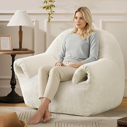 Peace nest Bean Bag Chair with Memory Foam Filled Ultra Soft Corduroy Cover for Adults Comfy Fur Bean Bag Chairs with Armrests for Bedroom Living Room Office Dorm Reading Beige - Image 1