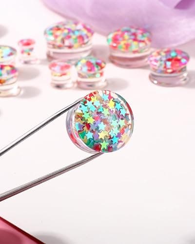 Jewseen 0g-1’’ Ear Gauges Plugs Double Flared Rainbow Star Ear Tunnels Stretchers Gauges for Women Plugs Piercing Jewelry thumbnail 7