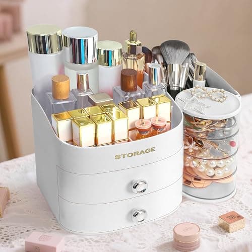 XIAPIA Makeup Organizer Countertop, Make Up Organizer for Vanity, Skincare & Cosmetic Organizers with Drawers, Bathroom Organizers Storage for Brush Holder|Lipstick|Jewelry, Ideal Gift for Women WHITE thumbnail 2