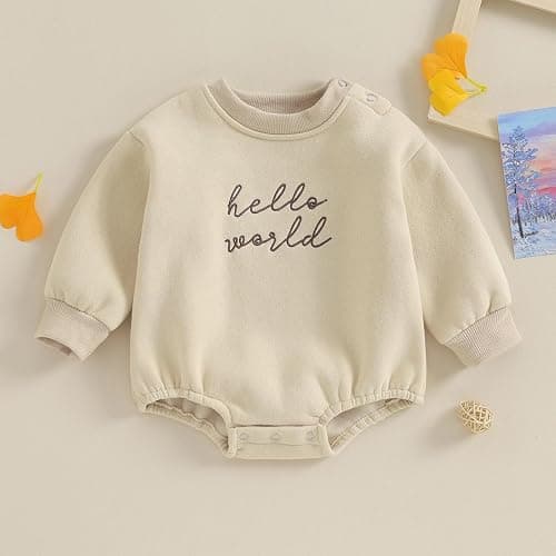 VISGOGO Newborn Infant Baby Boy Girls Oversized Romper Little Dude Sweater Onesie Coming Home Outfit Neutral Clothes - 0-3 Months - Hello World-beige thumbnail 2