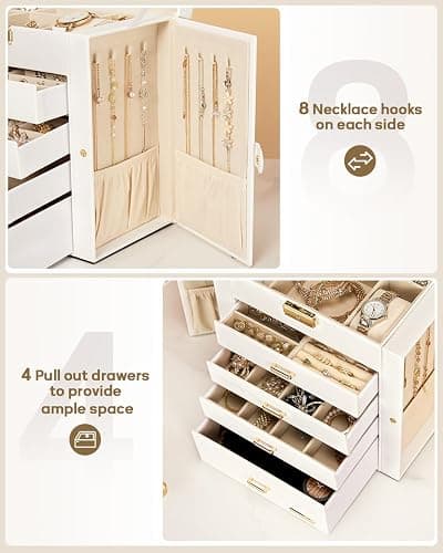 Homde Synthetic Leather Huge Jewelry Box Mirrored Watch Organizer Necklace Ring Earring Storage Lockable Gift Case (White + Gold) thumbnail 6