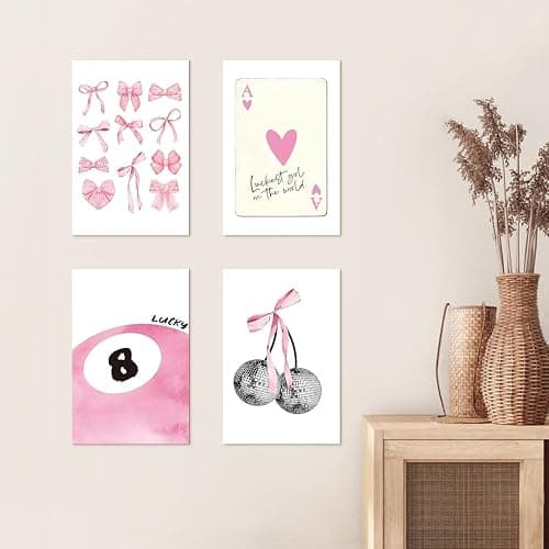 Lidy 4 PCS Pink Bow Disco Cherry and 8 Ball Lucky Aesthetic Decor Poster Wall Art Decor Canvas Poster Gifts for College Girly Preppy Dorm Room Coquette Pink Decor 8x12 inch (20x30cm Unframed) thumbnail 6