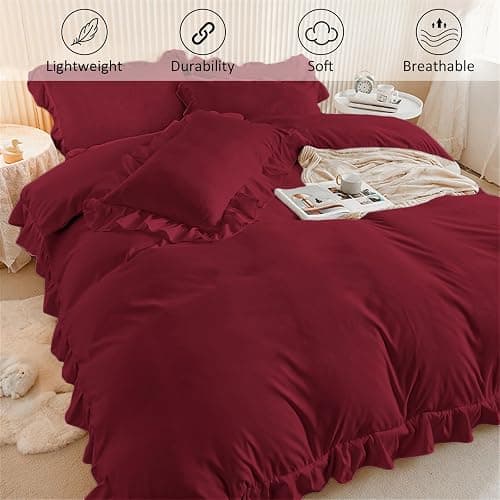 Burgundy Bedding Sets Ruffle Frills Duvet Cover with Zipper Closure Soft Breathable Microfiber Duvet Cover Set Double 200 x 200 cm thumbnail 3
