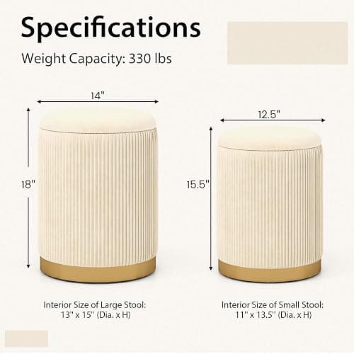 Giantex Ottoman with Storage - Set of 2 Storage Ottomans, 1 Large & 1 Small Nesting Ottoman Side Table, Upholstered Velvet Round Foot Rest Vanity Stool for Bedroom Living Room (Beige & Golden) thumbnail 2
