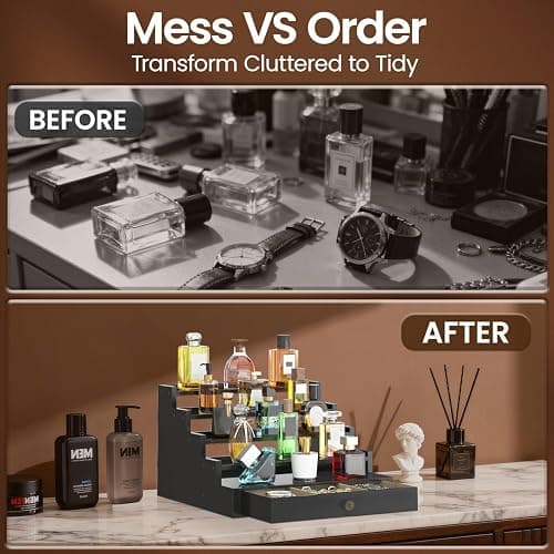 MODOWEY Perfume Organizer Cologne Holder Stand for Men, Wooden Wide-Spaced Shelf with Drawer, 5 Tier Large Capacity Storage Rack for Dresser Countertop, for a Neat, Accessible Fragrance Display, Black thumbnail 8
