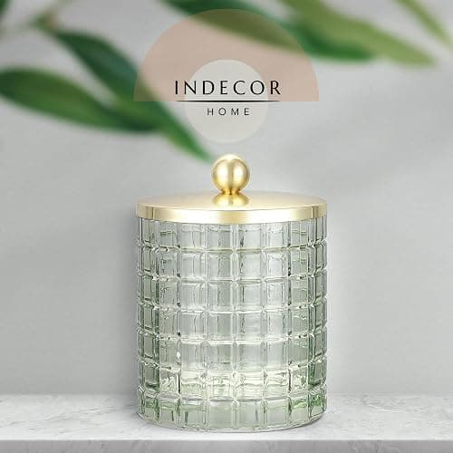 Indecor Home Sage Colored Tranlucent Apothecary Etched Geometric Grid Glass Jar W/Gold Metal Lid Cover for Bathroom Organization, Cotton Balls, Q Tips, and Small Accessories, Bathroom Storage thumbnail 4
