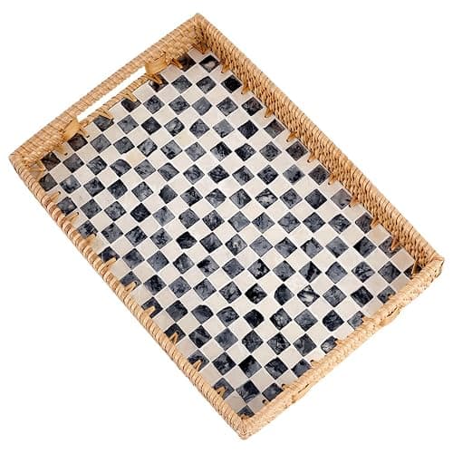 Tynulox Rectangle Rattan Tray with Mother of Pearl Inlay, Rattan Serving Tray with Handle for Coffee, Bread, Fruits, Snacks, Decorative Wicker Tray for Table Decor (Black Checkerboard, 13"×9") - Image 1