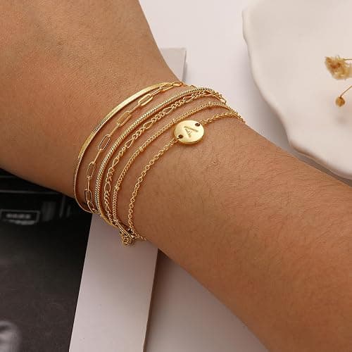 Lydow Bracelets for Women, 14K Gold Plated 6PCS Letter A-Z Stackable Jewelry Set for Adjustable 6"+2" thumbnail 2