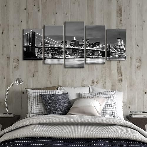 Wieco Art New York Brooklyn Bridge Canvas Wall Art Night View 5 Panels Modern Landscape Artwork Canvas Prints Abstract Pictures to Photo Canvas Wall Decor for Home & Office Decorations thumbnail 2