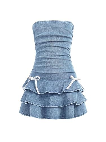 Floerns Girl's Ruched Strapless Tube Top Bowknot Denim Dress Cute Tiered Dress - Image 1