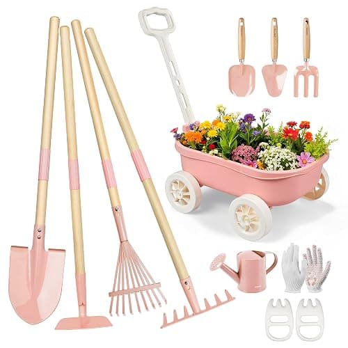 Grenebo Kids Gardening Set with Wheelbarrow, 11-Piece Outdoor Yard, Beach, STEM Garden Play Kit with Child-Sized Tools, Durable, Safe & Fun Gift Toy for Ages 2+ Kids Toddlers Boys Girls (Pink) - Image 1