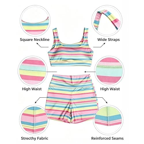 Women's Colorblock Striped Y2K 2 Piece Set Ultra Crop Top & Bodycon Shorts | Rainbow Striped Athletic Workout Sets, High Waisted Cute Stripe Short, Going Out Summer Matching Activewear Outfits thumbnail 6