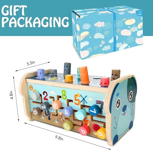 KIDWILL Montessori Pounding Toy for 1 2 Year Olds Wooden Hammering & Activity Board with Xylophone, Number Maze, Pounding Bench Educational Toddler Gift Toys Age 1-3 thumbnail 2