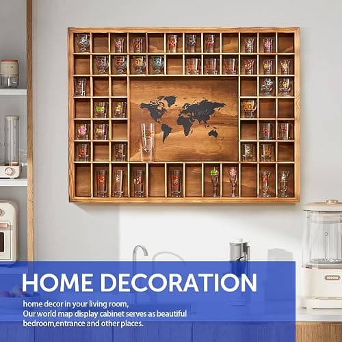 Tristcily Large Shot Glass Display Case with World Map,60 Slots, 34 X 26 Inch Rustic Wood Shot Glass Display Cabinet for 2 Size -In Rooms Bars Wine Cellars with Shot Glasses Jewelry Shell & Keepsakes thumbnail 7