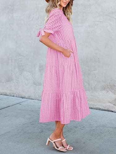 Theenkoln Womens Casual Midi Dress: Short Sleeve V-Neck Empire Waist Gingham Spring Fashion Long Trendy Tiered Formal Dresses thumbnail 3