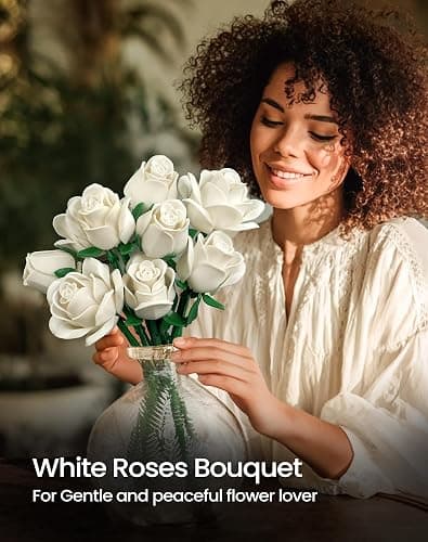 iATOM White Rose Bouquet Building Set, Wedding Artificial Flowers Botanical Collection for Adults Women, Gift for Christmas & Valentines Day - Home Office Table Centerpiece Decor - IA11013 thumbnail 2