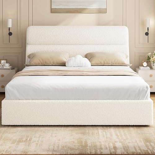 DICTAC California King Boucle Bed Frame with Headboard, Upholstered Platform Bed with Wood Slats, Soft Cloud Bed with Solid Wood Legs, No Box Spring Required, Easy Assembly, Cream thumbnail 5
