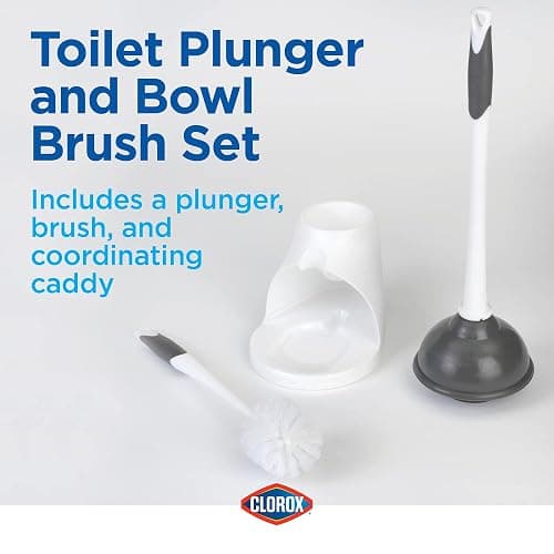 Clorox Toilet Plunger and Bowl Brush Combo Set with Caddy, 6.75" x 7" x 19.5", White/Gray, Pack of 2 - Plunger and Toilet Bowl Brush, Heavy Duty Plunger, Toilet Cleaning Brush, Freestanding Caddy thumbnail 2