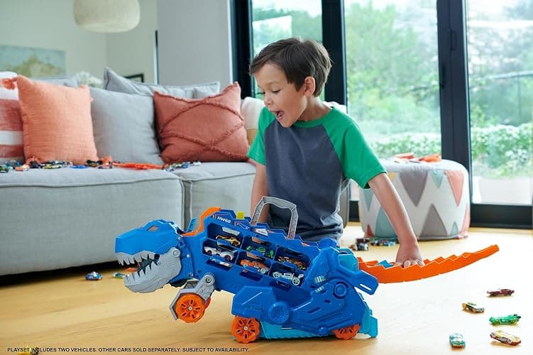 Hot Wheels City Toy Car Track Set, Ultimate T-Rex Transporter, Hauler Transforms into Stomping Dino with Race Track, from Netflix Series “Let’s Race” thumbnail 2