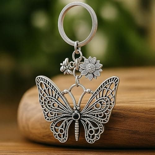 Vintage Butterfly Keychain - Antique Silver Floral Key Chains for Women, Rustic Bee & Flower Bag Charms, Boho Gift thumbnail 2