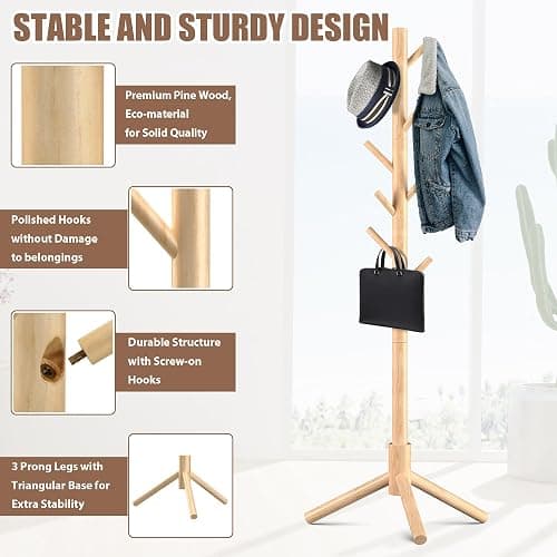 Haddockway 3 Adjustable Freestanding Wooden Coat Rack Stand 8 Hooks,Hallway thumbnail 3