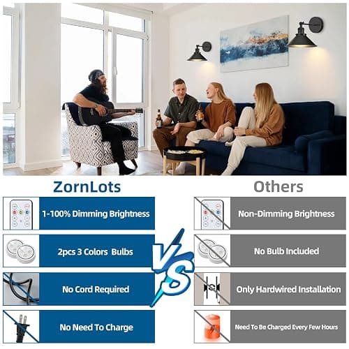 ZornLots Battery Operated Wall Sconce Set of 2,Vintage Wireless Wall Sconces with Remote,Dimmable Led Wall Lights,Wall Lamp Fixture Indoor Bedroom Living Room Kitchen,LED Bulbs Included,Black thumbnail 2