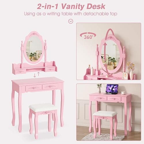 Alohappy Vanity Desk Set with Mirror & Stool for Girls, Makeup Vanity Table and Cushioned Stool Set with 4 Drawers, Wood Dressing Table for Bedroom (Pink) thumbnail 6