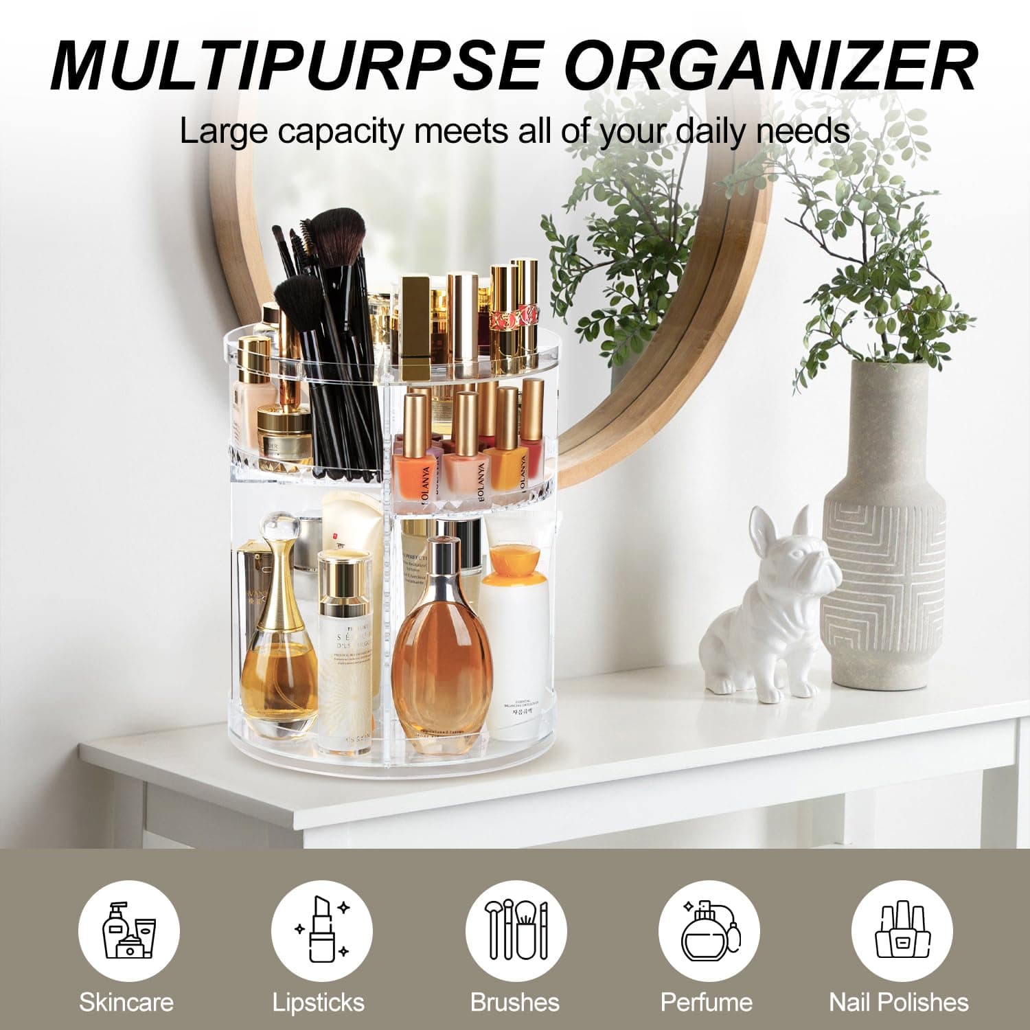 AMEITECH Rotating Makeup Organizer, 360 Spinning Skincare Organizers, 8 Adjustable Layer Cosmetic Storage Case with Brush Holder, Perfume Tray for Vanity Bathroom Countertop - Large thumbnail 4