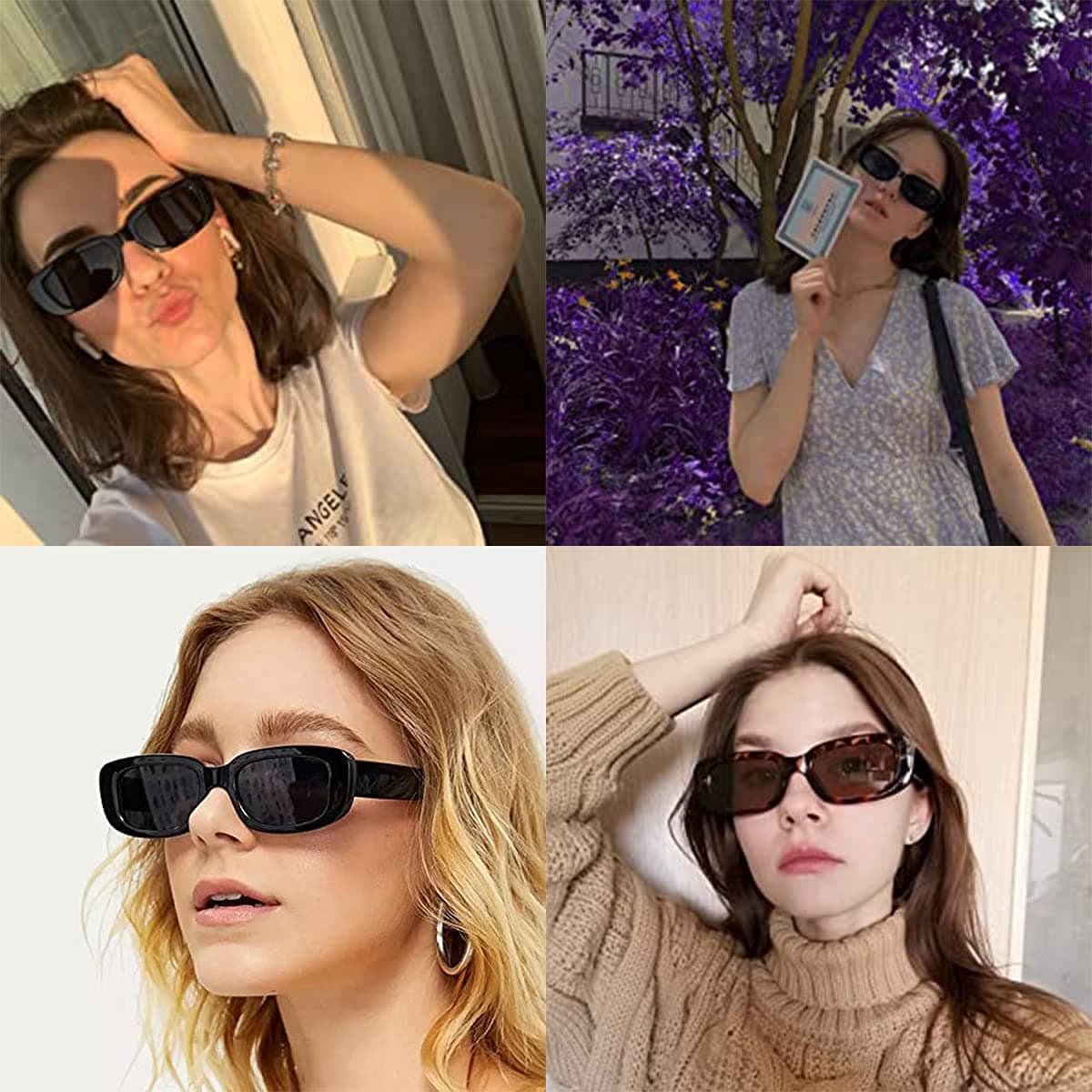2 Pack Retro Fashion Rectangle Sunglasses Small Square Frames Sun Glasses 90s Vintage Wide Frame Eyewear for Women and Men UV 400 Protection thumbnail 4