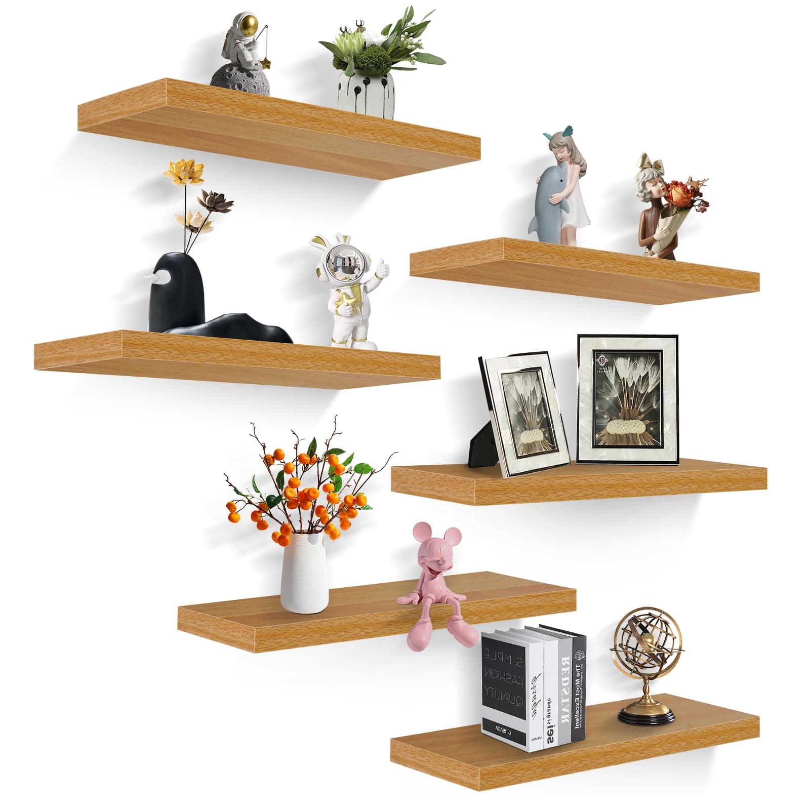 LOKOOY Set de 6 Unidades Estantes Flotantes, Soportan hasta 8 kg Repisas Flotantes, estantes flotantes de Pared,Estante de Almacenamiento Flotante Simple y Moderno (Naturaleza, 30 * 15 * 1.5) - Image 1