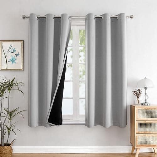 ChrisDowa 100% Blackout Curtains for Bedroom with Black Liner, 2 Thick Layers Total Blackout Thermal Insulated Grommet Window Curtains 63 Inch Length 2 Panels Set (Light Grey, 42 x 63 Inch) thumbnail 9