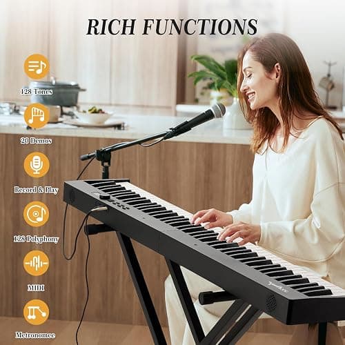 Senfot 88 Key Foldable Full Size Electronic Piano Keyboard with Stand, Power Adapter, Headphones & Carrying Bag, Portable Digital Piano for Beginners & Experienced Players, Black thumbnail 7
