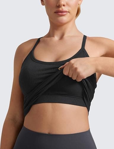CRZ YOGA Seamless Workout Tank Tops for Women Racerback Athletic Camisole Sports Shirts with Built in Bra - Medium - Black thumbnail 4