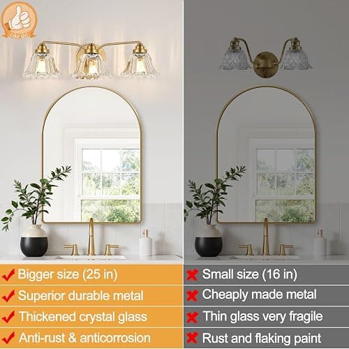 Meybiok Vintage Bathroom Light Fixtures, 3-Light Gold Vanity Light for Bathroom with Clear Flower Glass Shades, Vanity Lighting Fixtures Over Mirror (Exclude Bulb) thumbnail 2