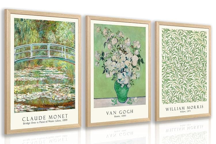 FASWQ Wood Framed Monet Van Gogh William Morris Wall Art, Grass Botanical Wall Decor, Mid Century Impressionist Canvas Paintings, Modern Green Landscape Poster Print for Living Room Bedroom 12"x16"x3 - Image 1