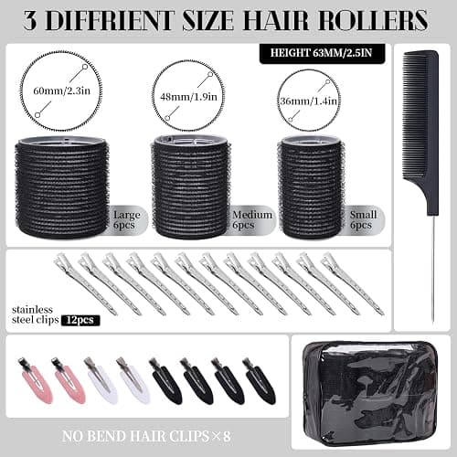 PandyCare Hair Rollers Set 40 PCS, Hair Roller For Long & Short Hair, Velcro Hair rollers, Rollers hair curlers with 18 Self Grip Black Rollers, 16 Hair Clips, 1 Rat Tail Combs&Waterproof storage bag thumbnail 2