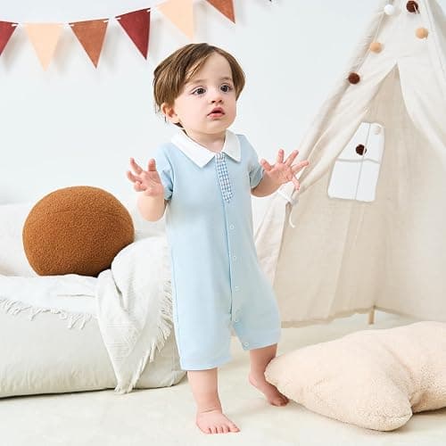 pureborn Baby Boy Romper One-Piece Cotton Outfit Summer Clothes 0-24M | Silky soft, breathable, sailor-themed, summer short sleeves, gentle on skin, snap button for easy on and off thumbnail 3