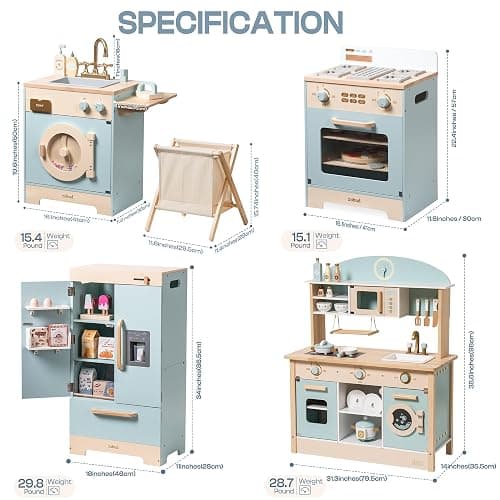 ROBUD Wooden Play Kitchen Set, Kids Toy Kitchen Set with Realistic Design, Utensils, Ice Maker, Fridge, Oven, Washer, Modern Style Play Kitchen with Accessories, Ideal Gift for Boys & Girls, Blue thumbnail 2