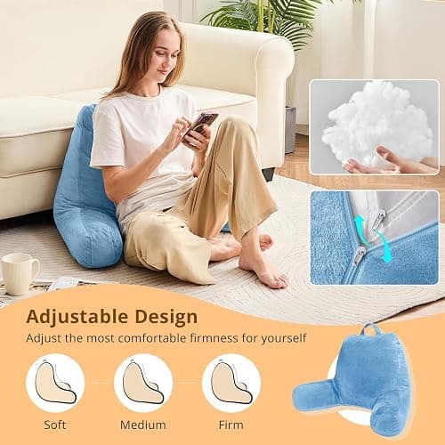 Sasttie Reading Pillow, Velvet Back Pillow for Bed Sitting Up, Adult Back-Rest Support Cushion with Arms for Sit Up on Couch, Sofa, and Floor, Dorm Essentials, Reading Accessories, Blue thumbnail 3