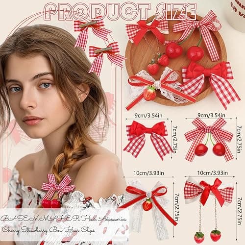 8 Pcs Cherry Strawberry Bow Hair Clips Cute Red White Bow Alligator Hair Clips Lace Gingham Hairpin Bows Fruit Hair Barrettes Hair Accessories for Women Girls Christmas Party thumbnail 2