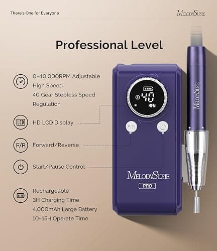MelodySusie Professional Clip-On Rechargeable Nail Drill with Adjustable Built-in Stand and Premium Motor, MB420G 40000RPM E-File with Max Speed for All Manicure Shaping & Gel Removal for Salon Use thumbnail 4