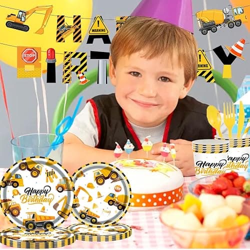 194Pcs Construction Plates Birthday Party Supplies Decorations Serve 24 | Includes Napkins Cups Tablecloth and Banner | Boys Construction Themed Birthday Party thumbnail 4